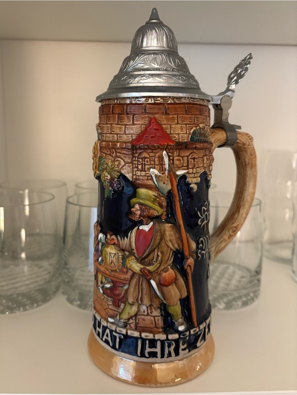 Vintage German Proverb mug w/ Pewter Lid
